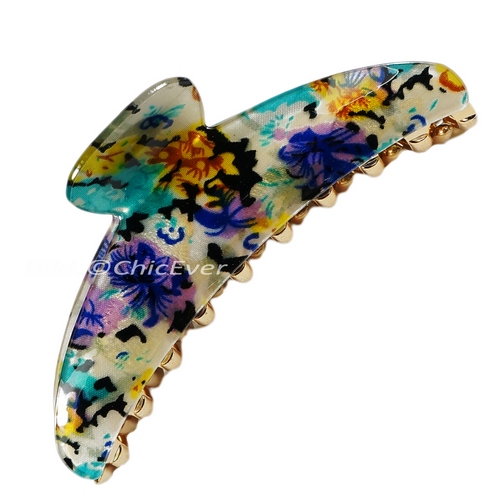 Haargreifer L Blumen Haarkneifer Wellenreiter Haarspange weiss blau gold 5211b - zum Schließen ins Bild klicken